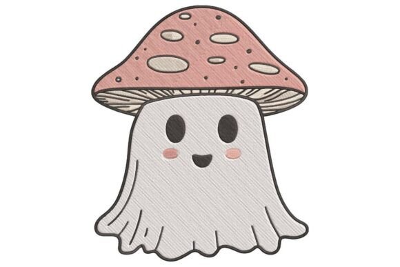 Cute Blushing Mushroom Ghost Embroidery