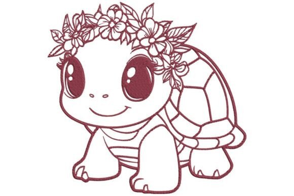 Cute Turtle with Flower Crown Embroidery Design