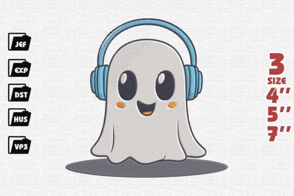 Happy Ghost with Blue Headphones Embroidery Design