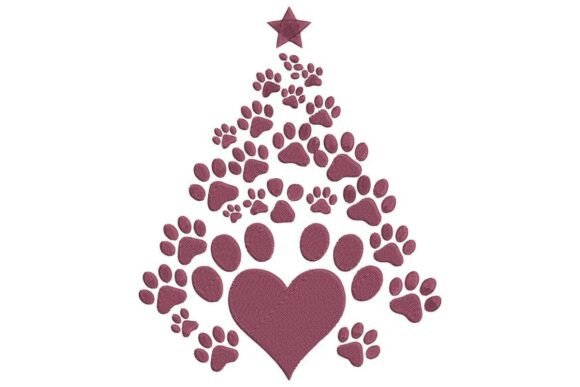 Paw Print and Heart Christmas Tree Embroidery Design