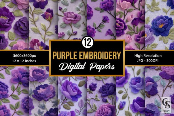 Purple Flowers Embroidery Digital Paper Review