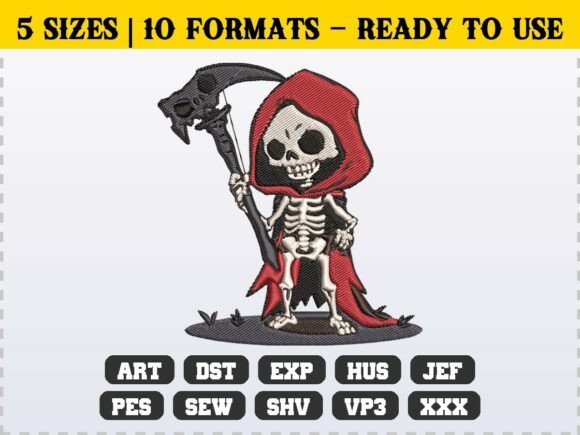 Spooky Grim Reaper Skeleton Embroidery